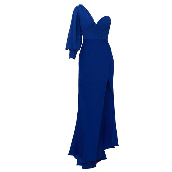 Elle Zeitoune Blue One Shoulder Structured Gown LARGE Formal Slit Designer $410 - Picture 6 of 12